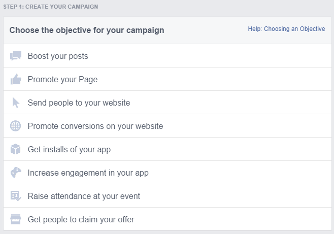 Facebook ad manager tab for creating ad campaion